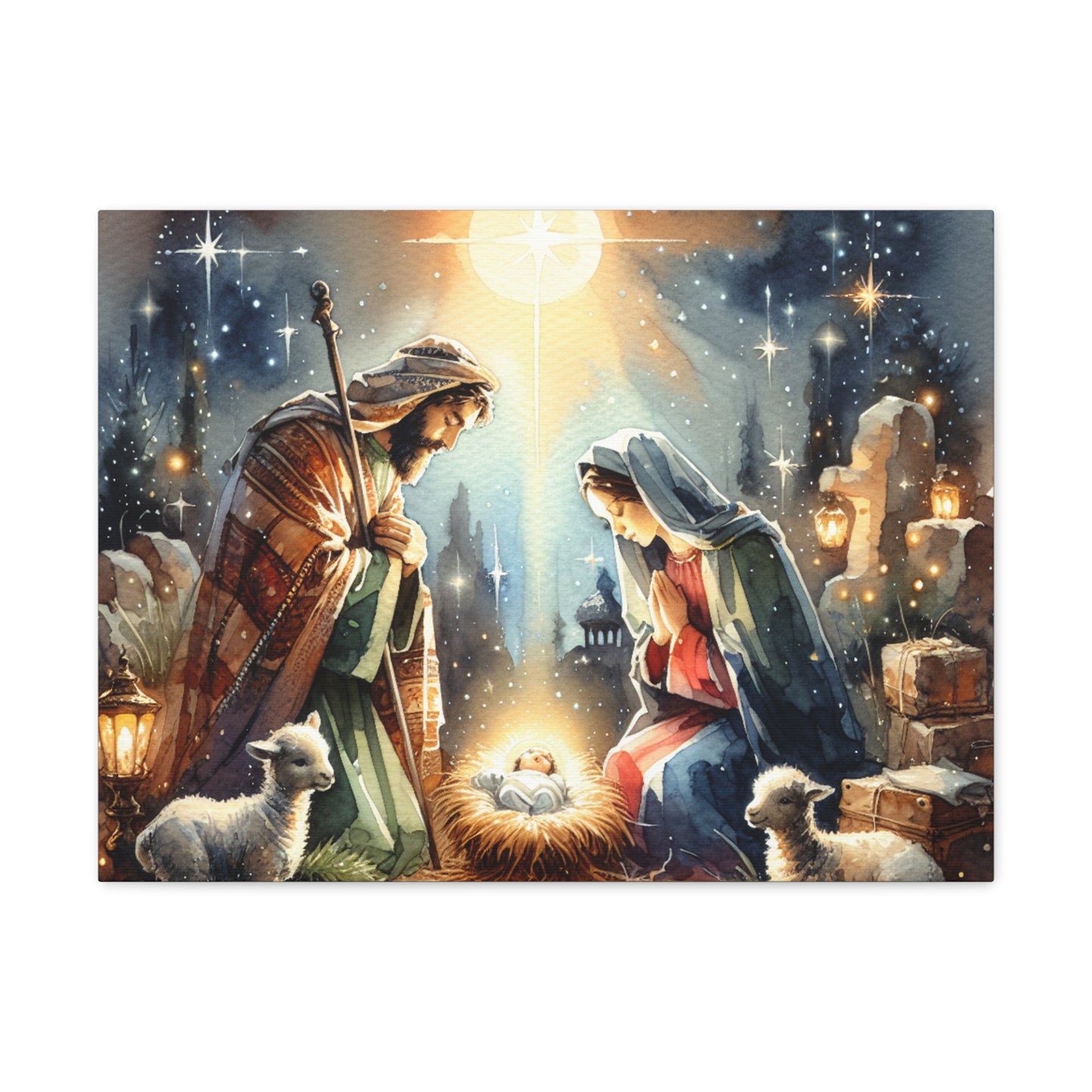 Modern Nativity Scene in Water Color Style, Christmas Canvas Wall Art Religious Home Decor