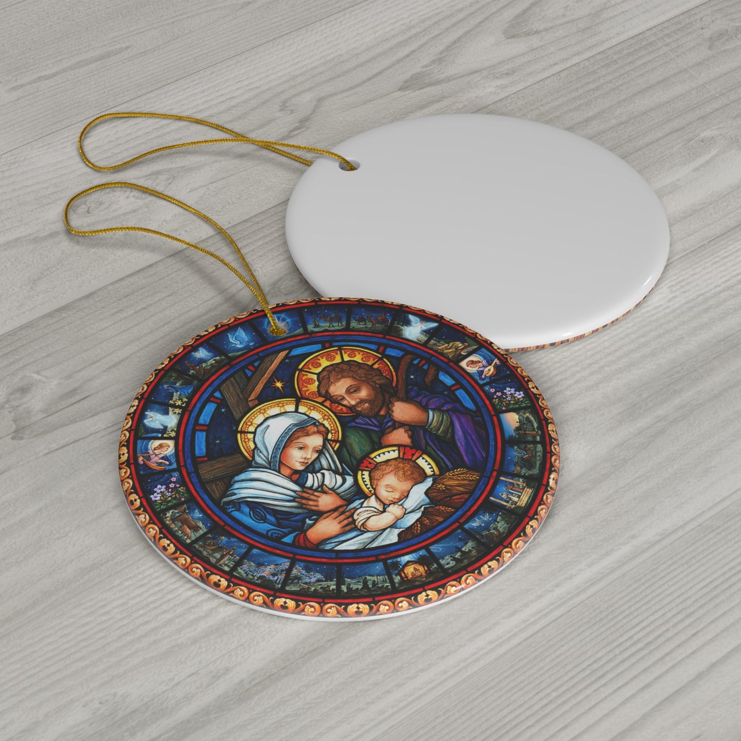 Holy Family Nativity Stained Glass Style Ceramic Ornament