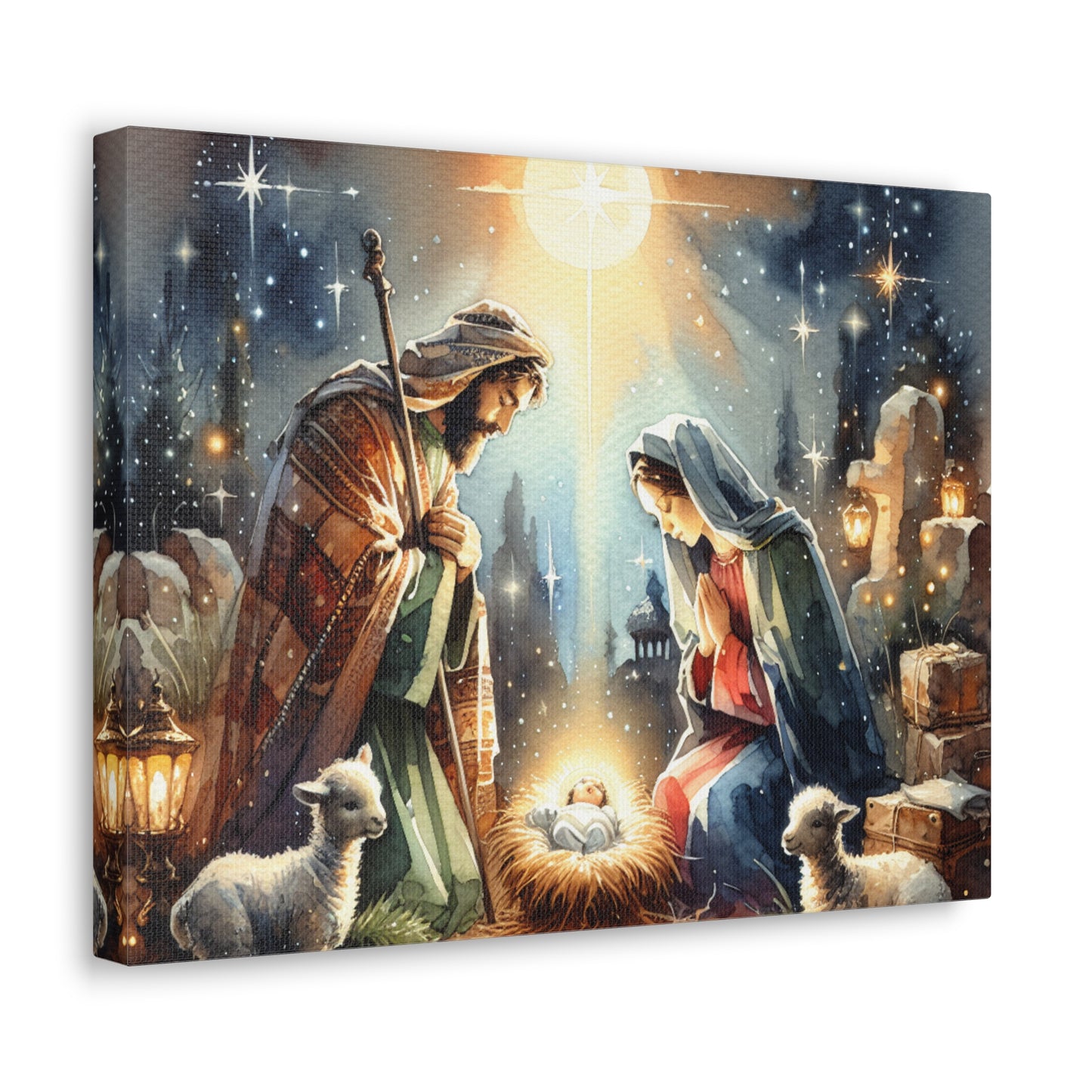 Modern Nativity Scene in Water Color Style, Christmas Canvas Wall Art Religious Home Decor