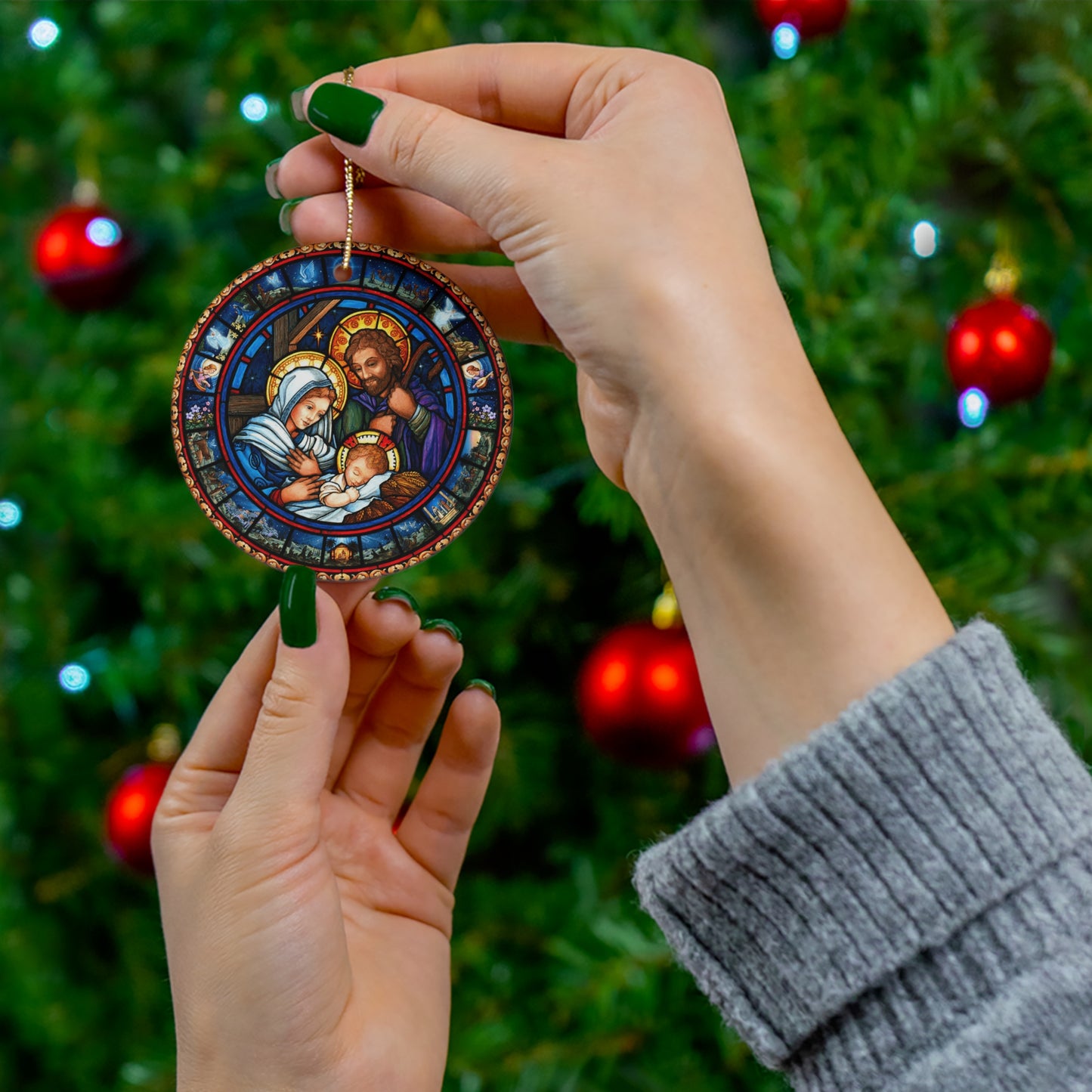 Holy Family Nativity Stained Glass Style Ceramic Ornament