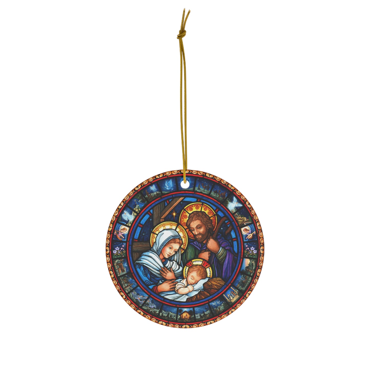 Holy Family Nativity Stained Glass Style Ceramic Ornament