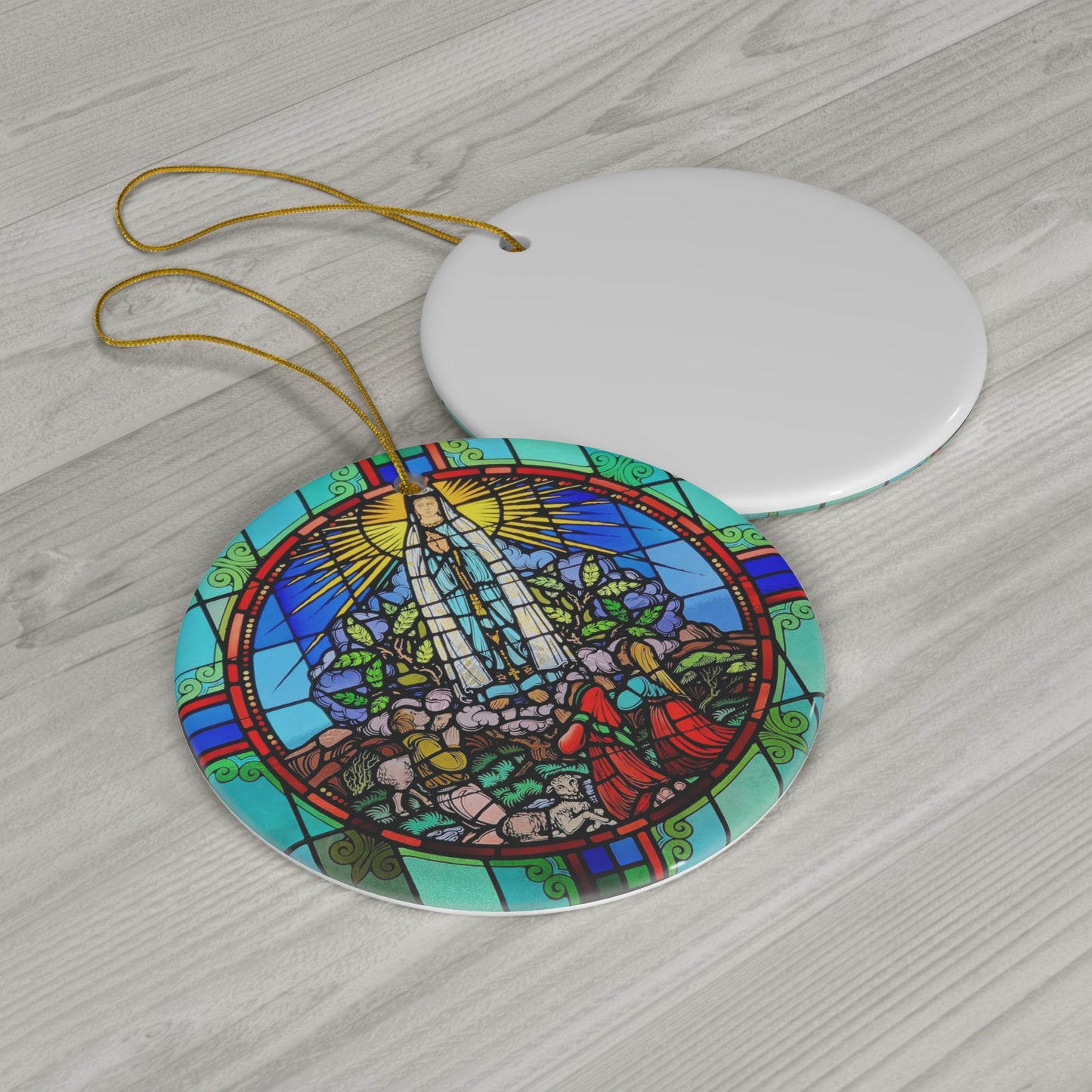 Our Lady of Fatima Stained Glass Style Ceramic Ornament