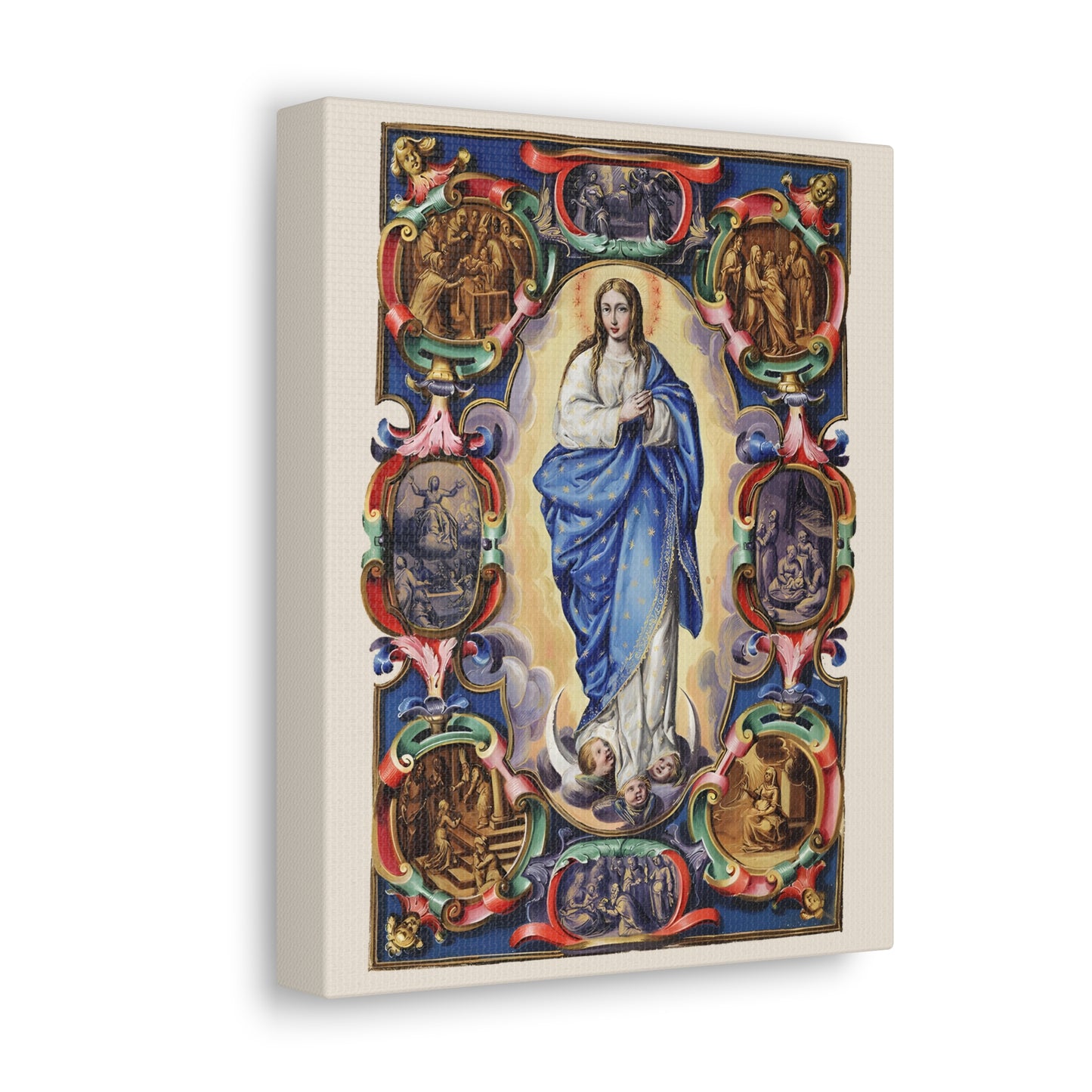 The Virgin of the Immaculate Conception Canvas, Aunnciation Presentation and Visitation Scenes, Catholic Cartouch Mary Art