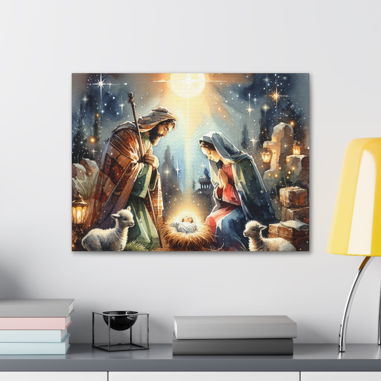 Modern Nativity Scene in Water Color Style, Christmas Canvas Wall Art Religious Home Decor