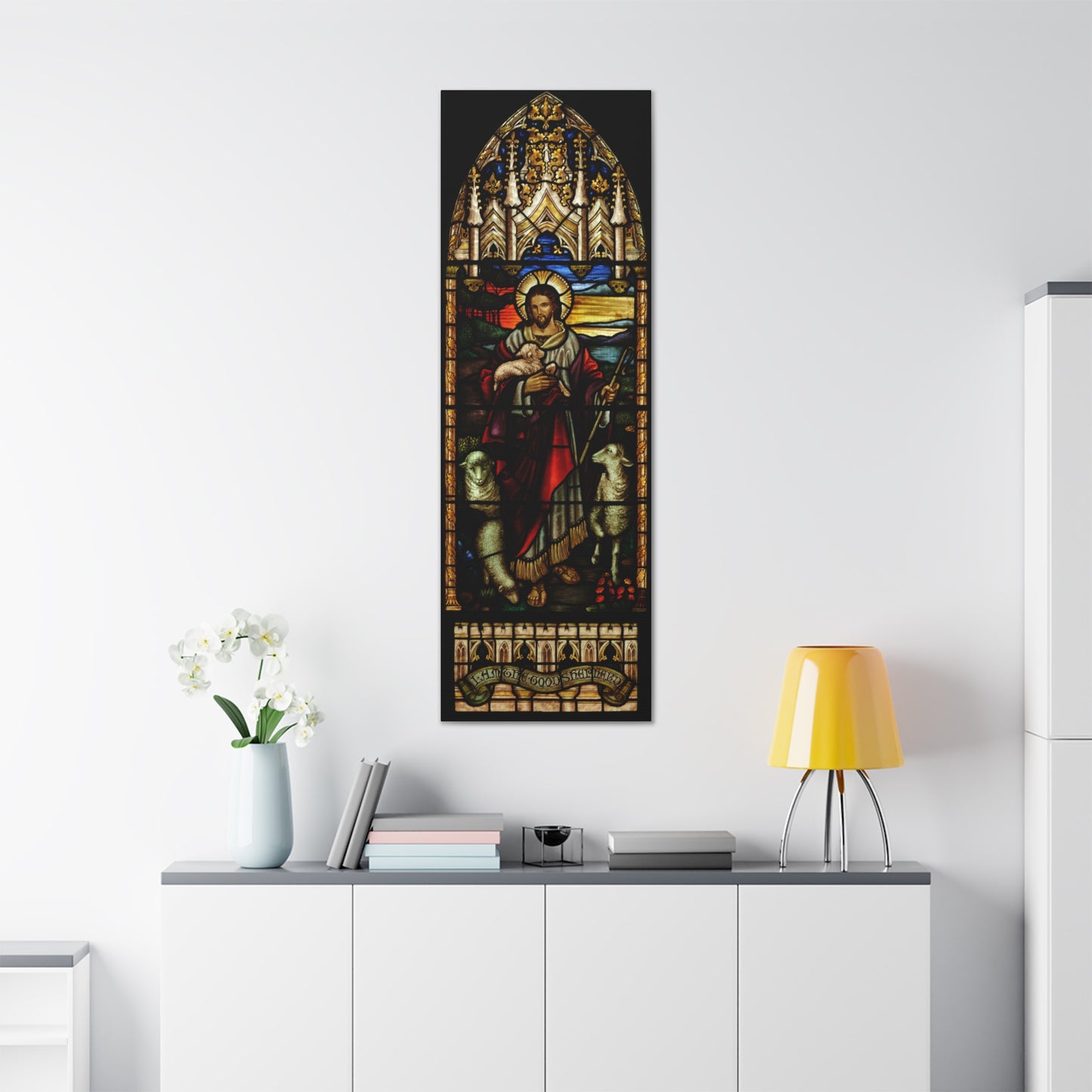 Jesus the Good Shepherd Stained Glass Style Canvas Print, Catholic Christmas Gift for Religious Family, Home Decor House Warming Gift