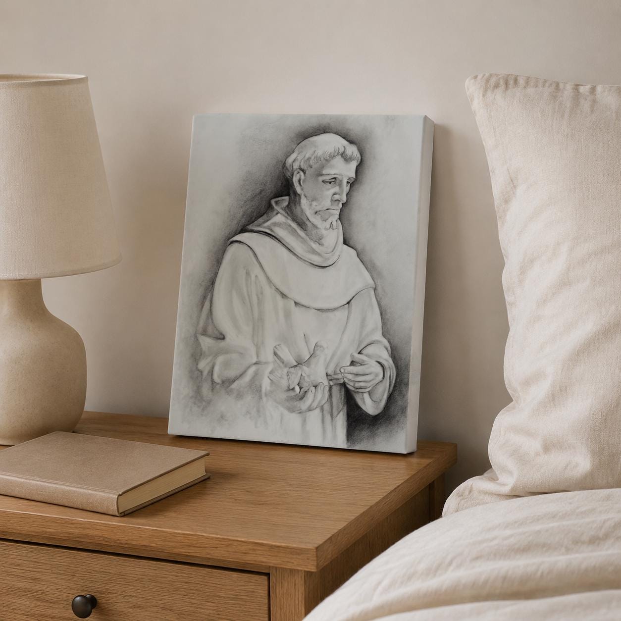 Saint Francis of Assisi canvas print, Franciscan habit with dove sacred art sketch — Catholic gift from Glory Be Gifts – view 10