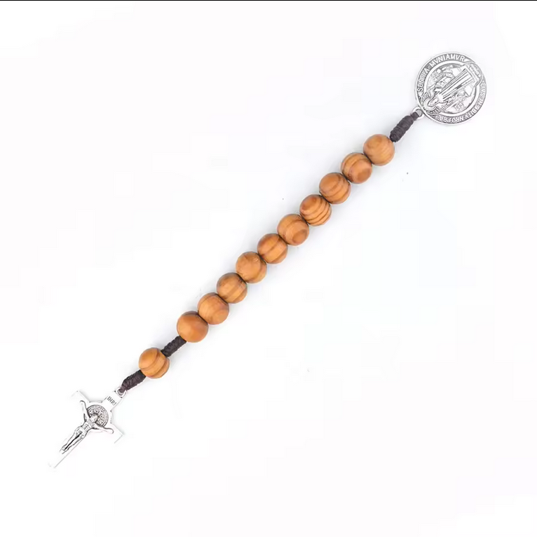 Saint Benedict 1-Decade Brown Cord Wood Bead Pocket Travel Rosary