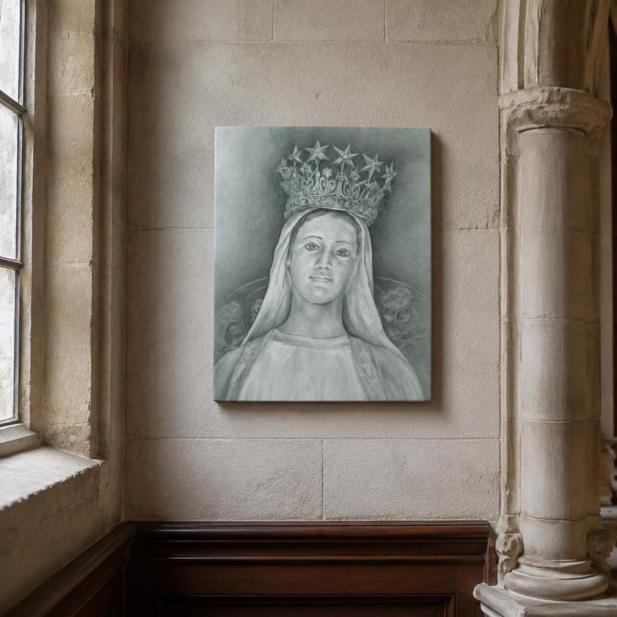 Our Lady of Champion canvas print, sacred art sketch of the crowned Virgin Mary by Brian Kelliher — Catholic gift from Glory Be Gifts – view 3