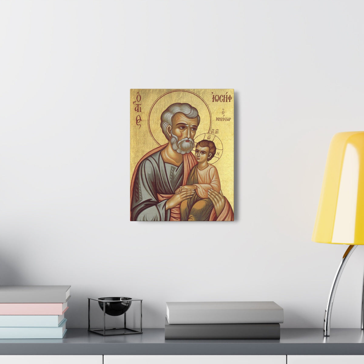 Saint Joseph Holding Child Jesus Icon Canvas Print, Catholic Wall Art