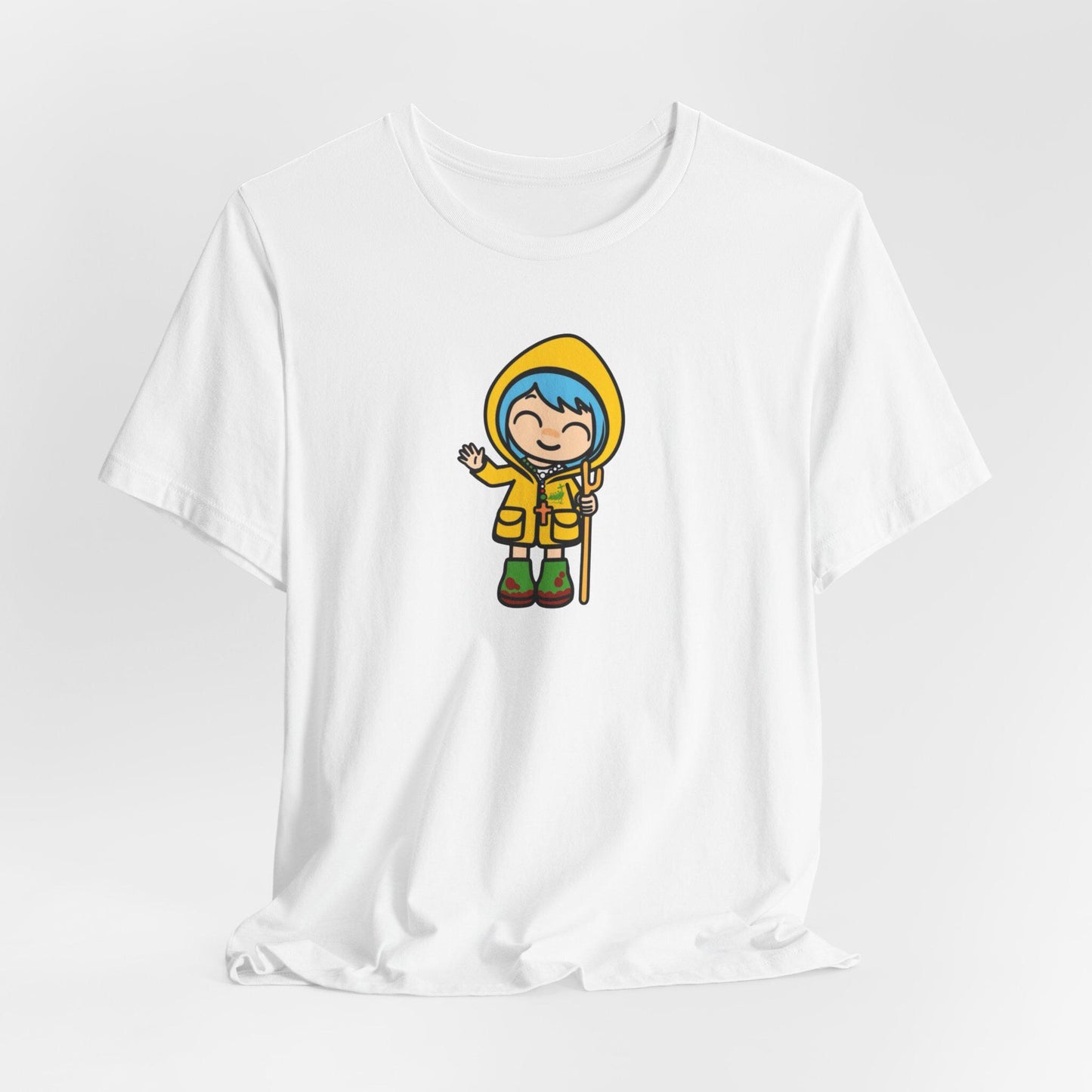 Luce waving Catholic Jubilee mascot unisex tee shirt design — Catholic gift from Glory Be Gifts – view 3