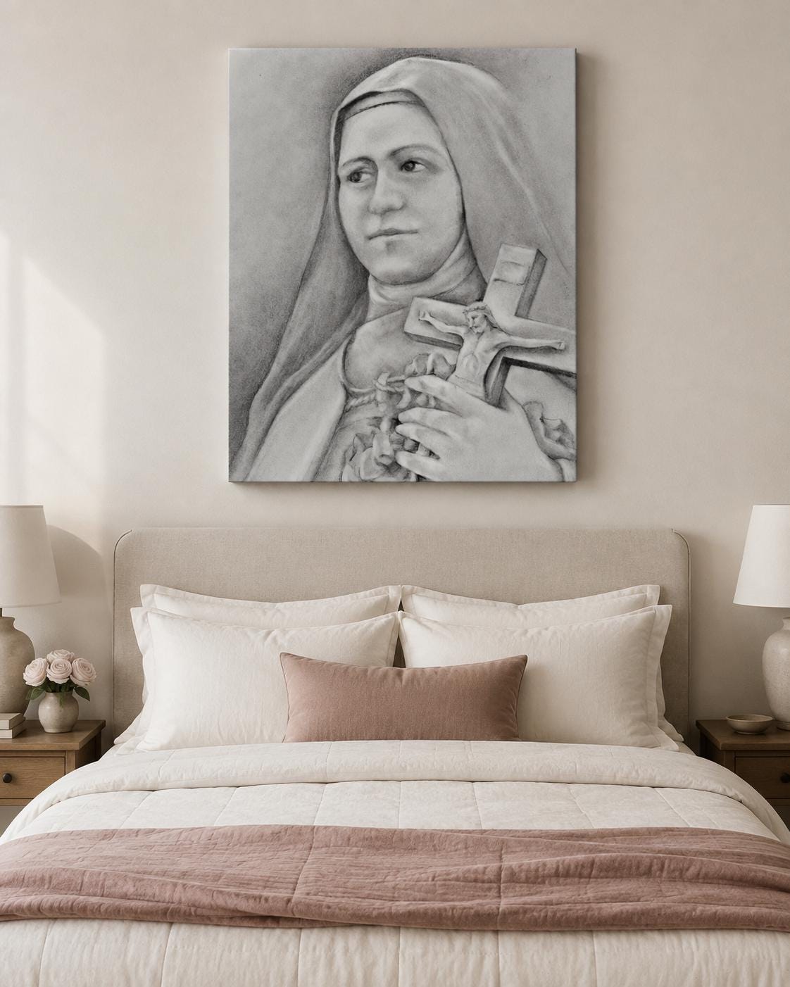 Saint Thérèse of Lisieux canvas print, the Little Flower holding a rose-wrapped crucifix, sacred art by Brian Kelliher — Catholic gift from Glory Be Gifts – view 4