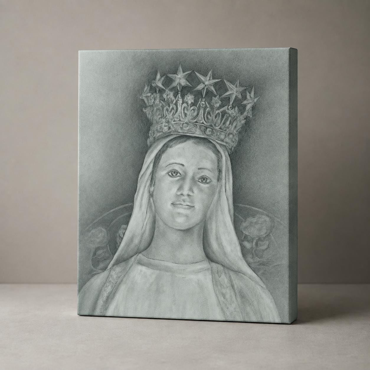 Our Lady of Champion canvas print, sacred art sketch of the crowned Virgin Mary by Brian Kelliher — Catholic gift from Glory Be Gifts