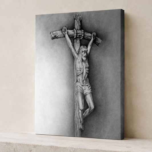JPII Crucifix canvas print, statue-style sacred art sketch by Brian Kelliher — Catholic gift from Glory Be Gifts