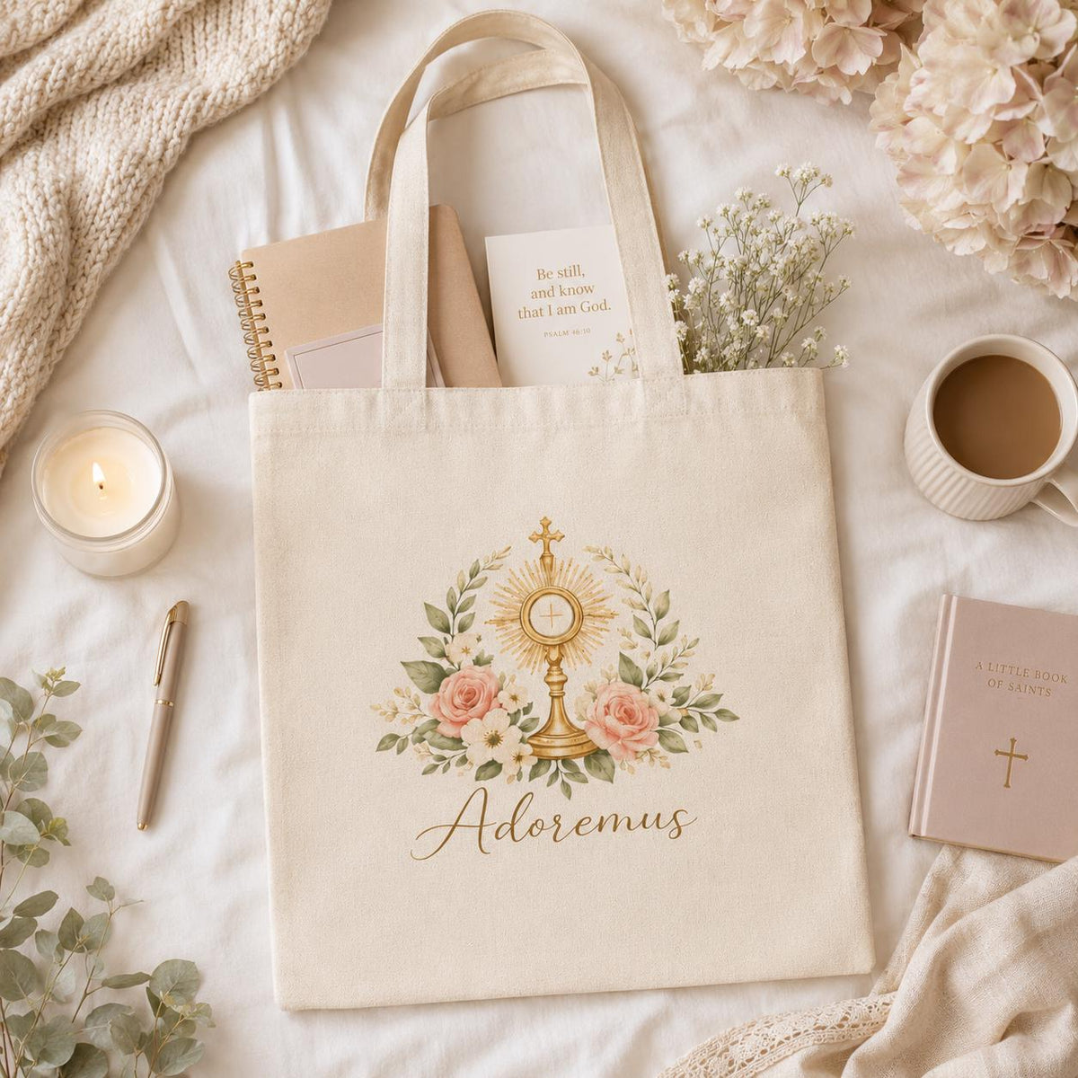 Catholic Tote Bag Adoremus Monstrance, Eucharistic Adoration Canvas Tote