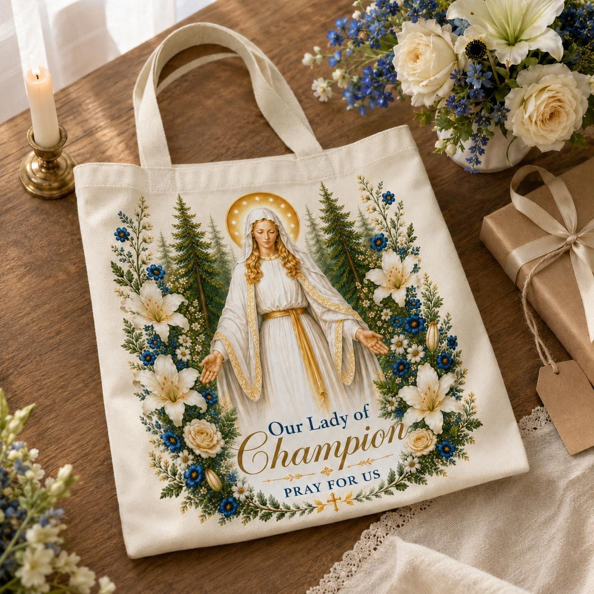 Our Lady of Champion Tote Bag, Catholic Pilgrimage Gift, Marian Shrine Tote