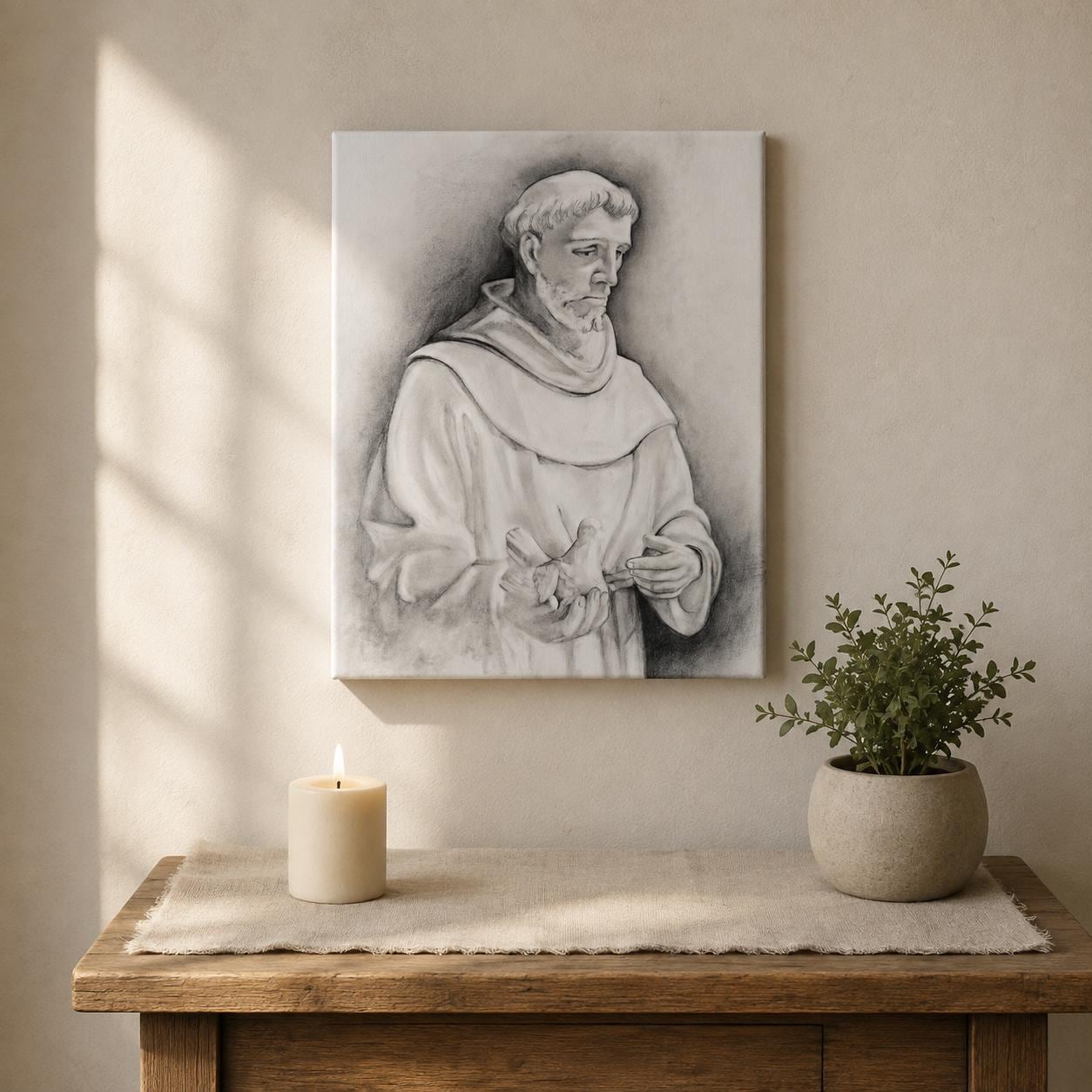 Saint Francis of Assisi canvas print, Franciscan habit with dove sacred art sketch — Catholic gift from Glory Be Gifts – view 8