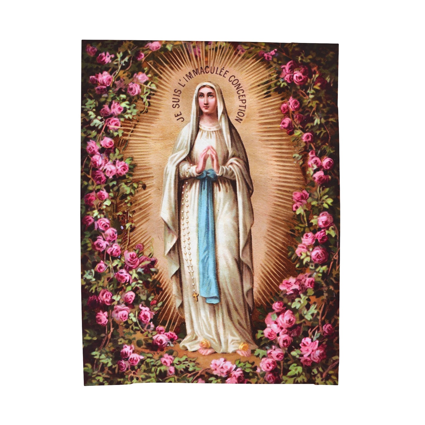 Our Lady of the Immaculate Conception Catholic Plus Blanket, Floral Image of Mary on a Fuzzy Blanket, Marian Devotion Gift for Mothers Day