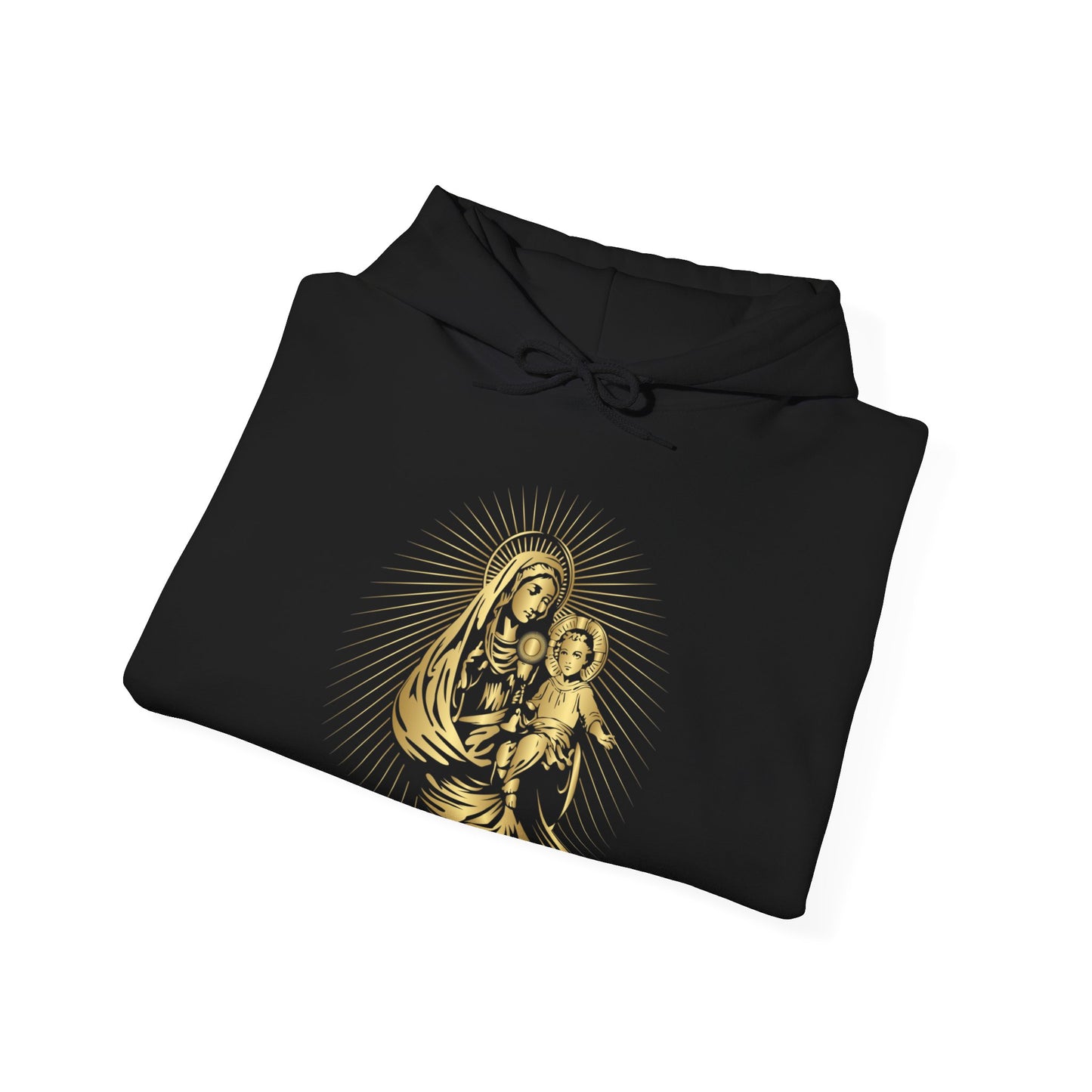 Mother Mary and Child Jesus and Eucharist Unisex Black Hoodie with Golden Artwork, Monstrance Art Eucharistic Adoration of Jesus