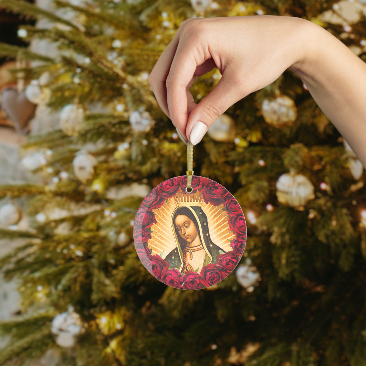 Marian Floral Our Lady of Guadalupe Glass Ornament