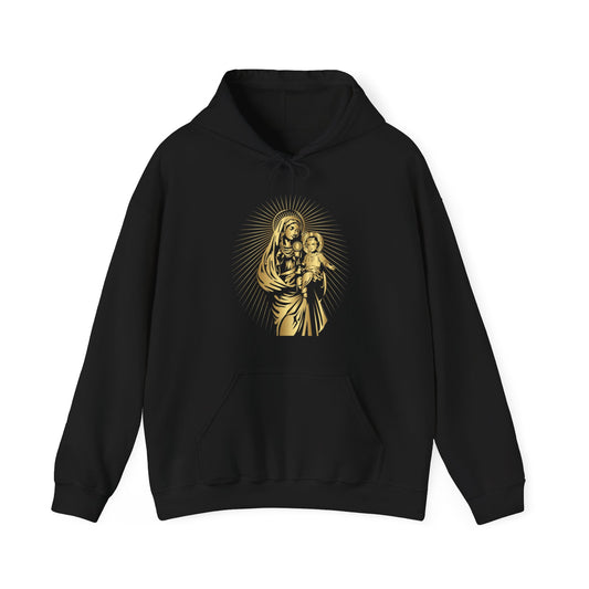 Mother Mary and Child Jesus and Eucharist Unisex Black Hoodie with Golden Artwork, Monstrance Art Eucharistic Adoration of Jesus