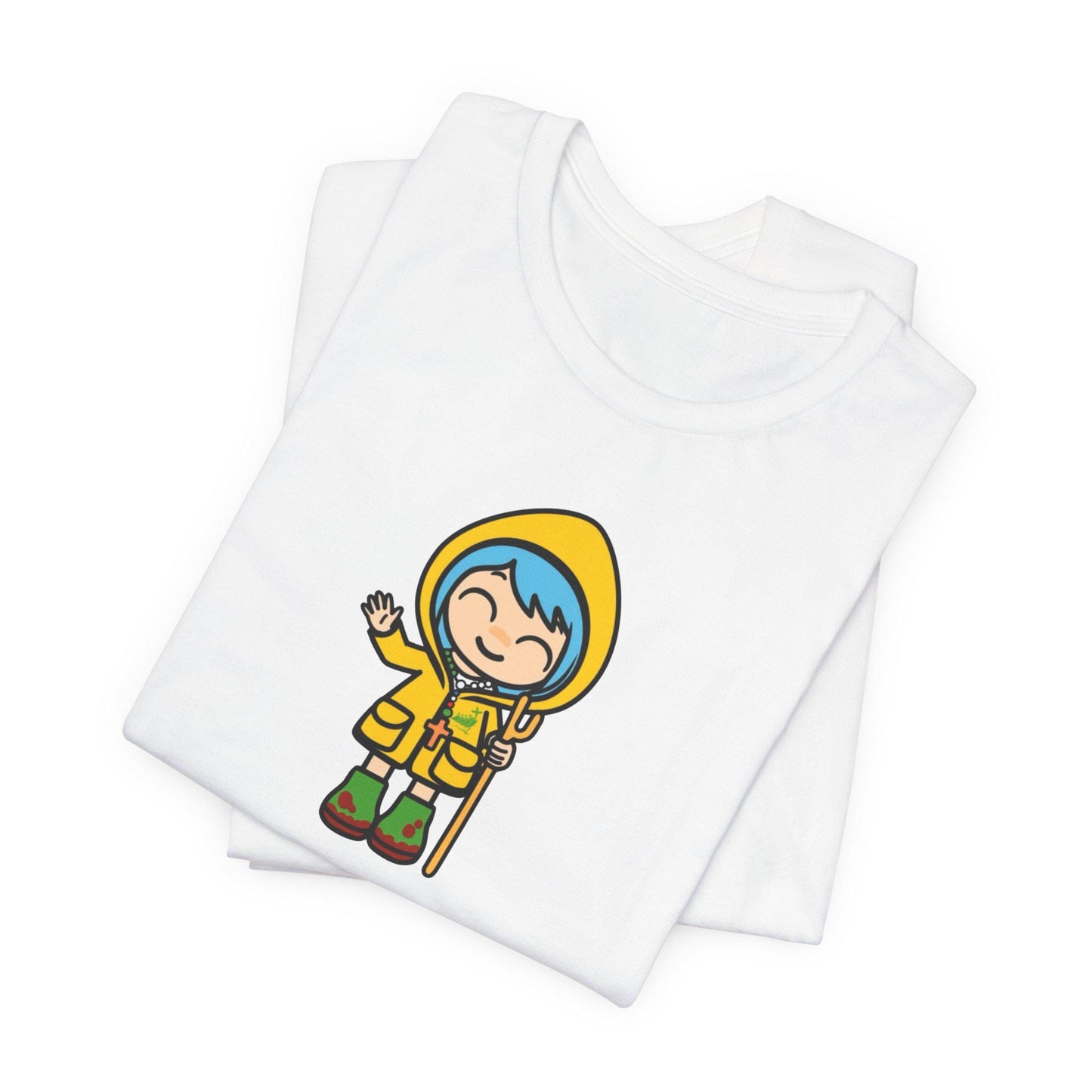 Luce waving Catholic Jubilee mascot unisex tee shirt design — Catholic gift from Glory Be Gifts – view 2