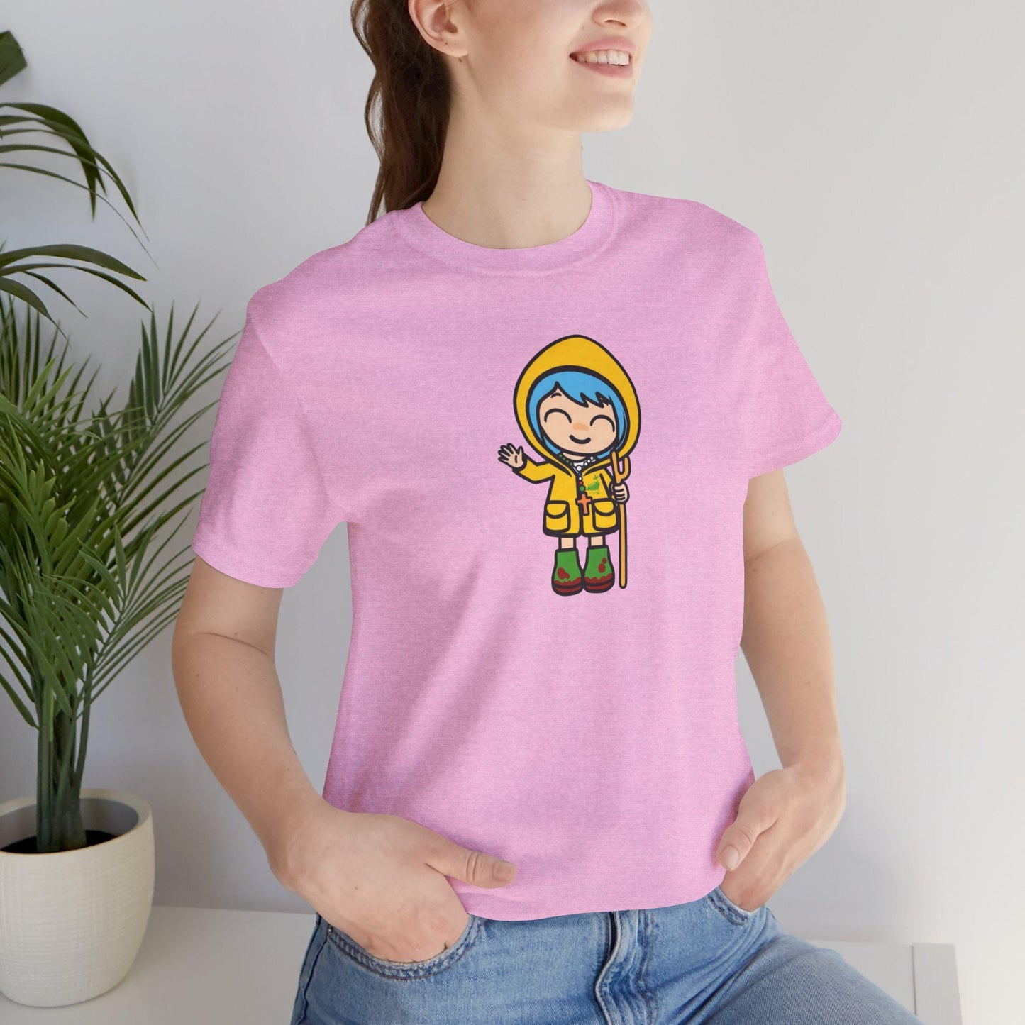Luce waving Catholic Jubilee mascot unisex tee shirt design — Catholic gift from Glory Be Gifts – view 7