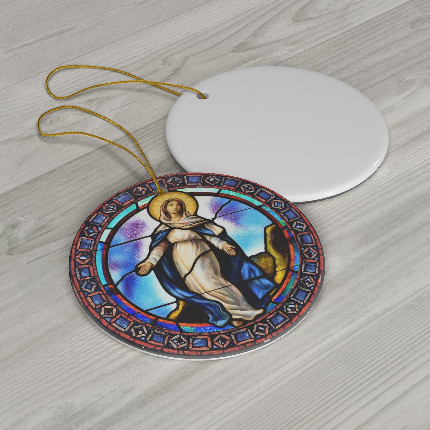 Our Lady of the Immaculate Conception Stained Glass Style Ceramic Ornament