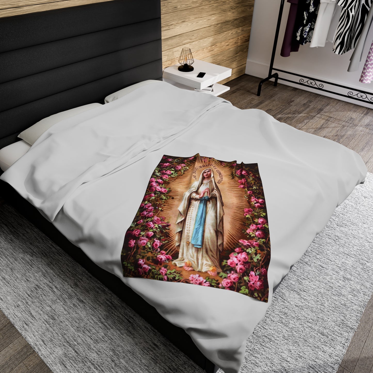 Our Lady of the Immaculate Conception Catholic Plus Blanket, Floral Image of Mary on a Fuzzy Blanket, Marian Devotion Gift for Mothers Day