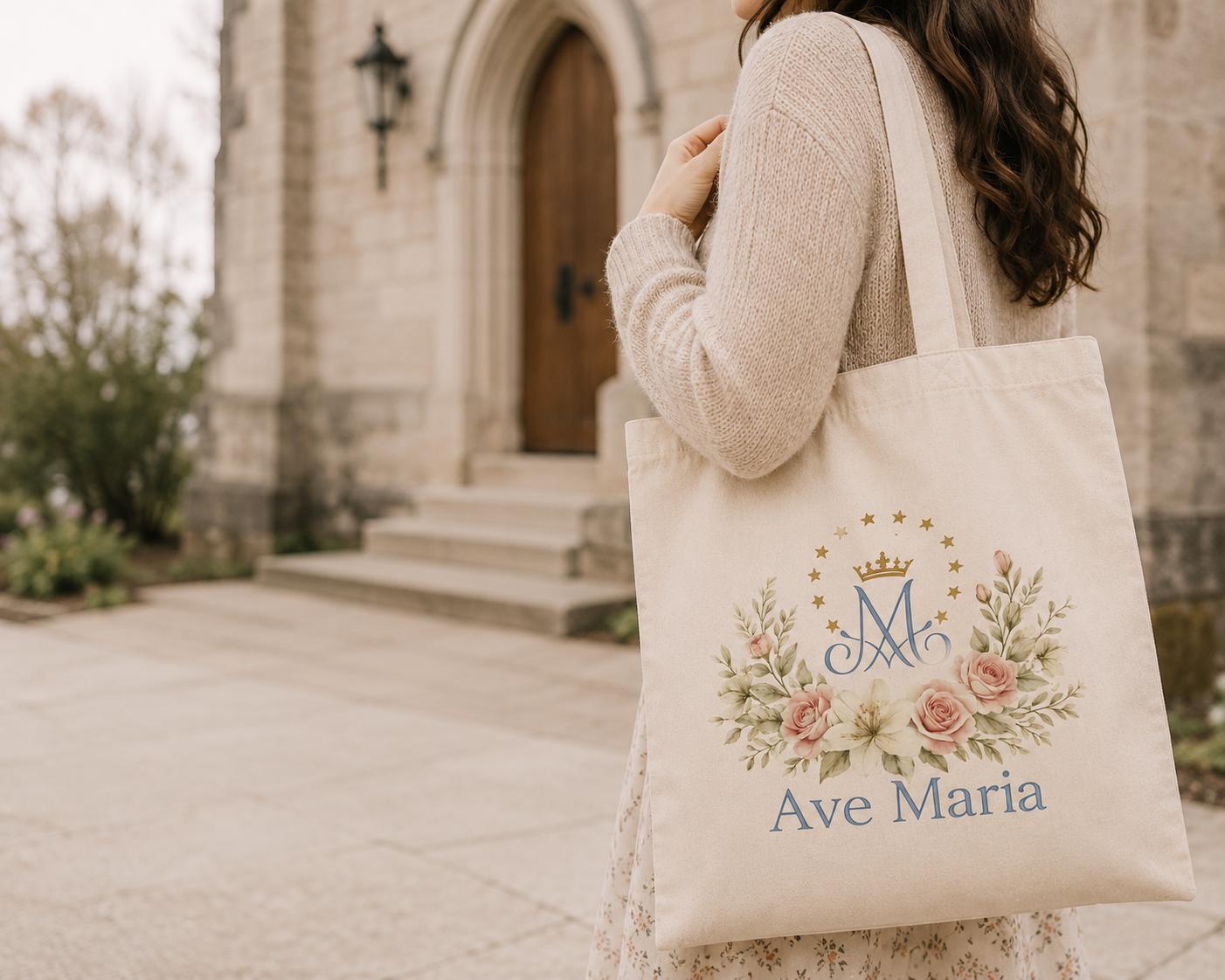 Ave Maria canvas tote bag with watercolor Marian monogram design — Catholic gift from Glory Be Gifts – view 4
