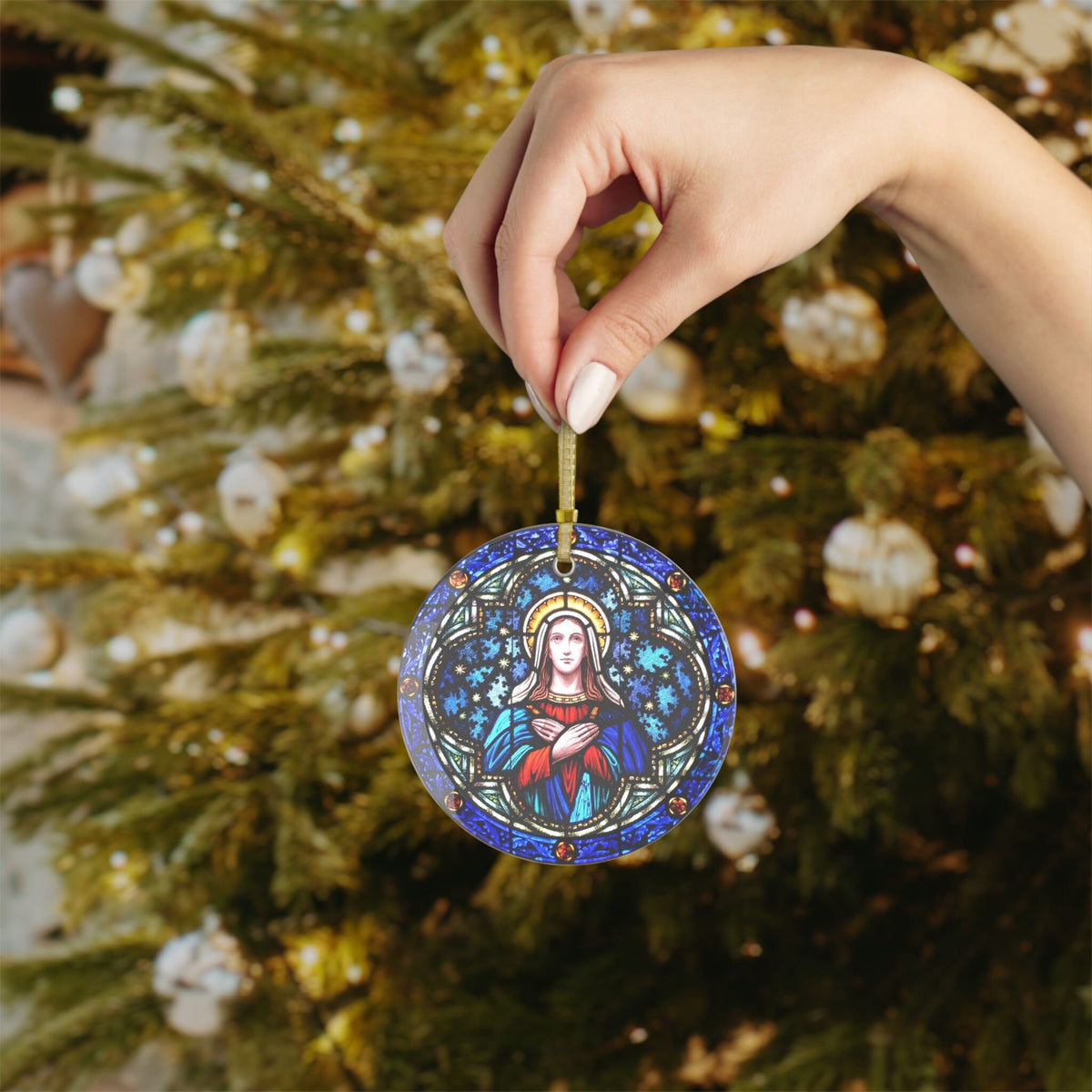 Mother Mary Stained Glass Ornament, Catholic Christmas Ornament Gift for Mom Grandma Dad, Catholic Tree Trimming Home Decor