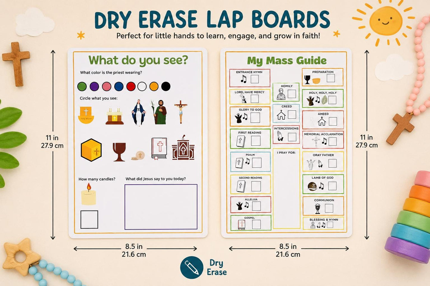 Catholic Mass bag for toddlers with board book, dry-erase board, and fidget toy — Catholic gift from Glory Be Gifts – view 5
