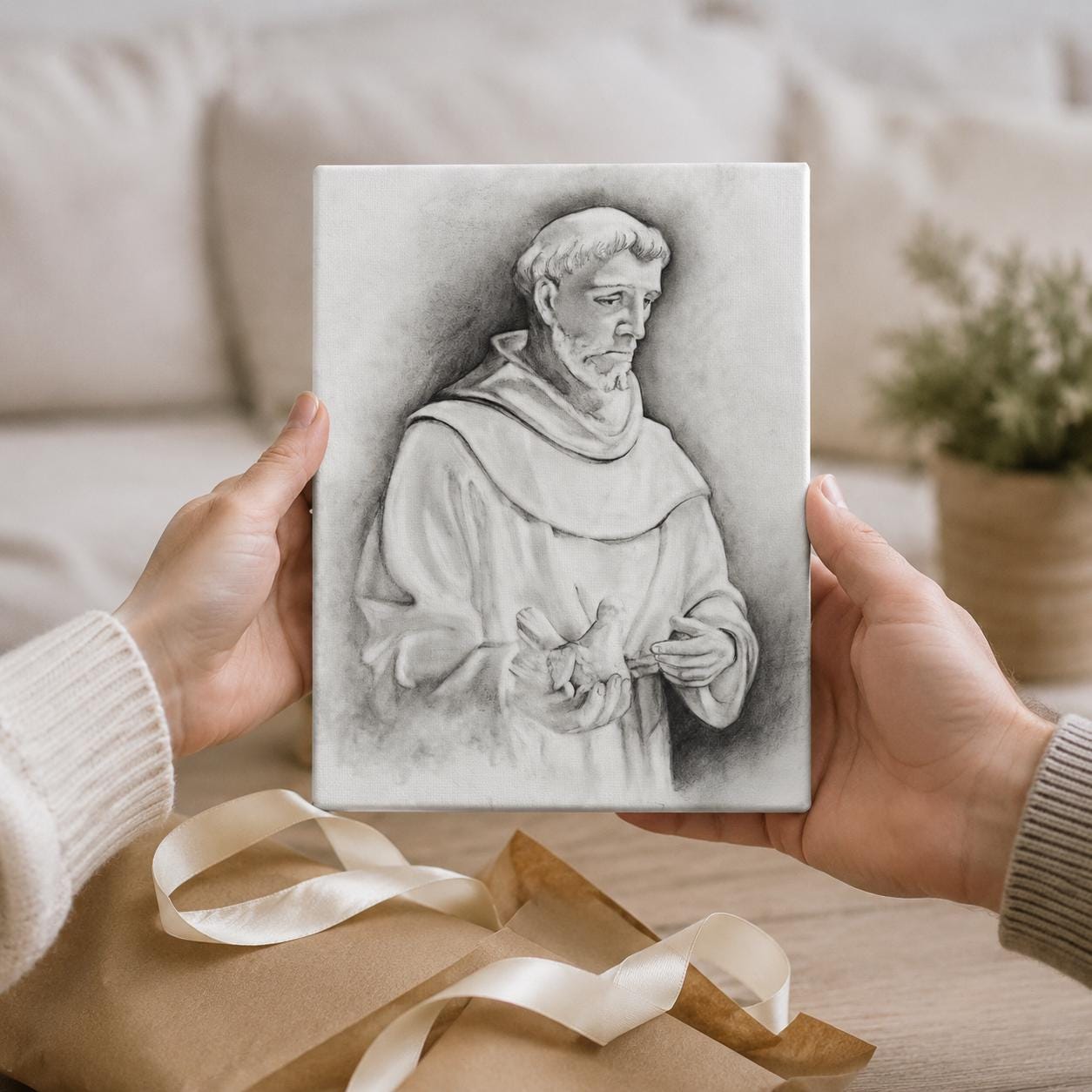 Saint Francis of Assisi canvas print, Franciscan habit with dove sacred art sketch — Catholic gift from Glory Be Gifts – view 2