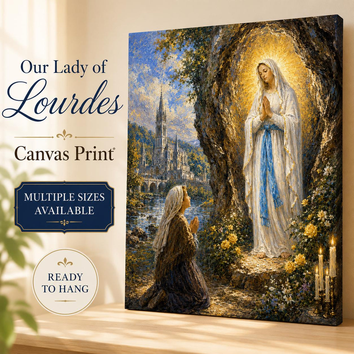 Our Lady of Lourdes canvas print, apparition to St. Bernadette at the grotto — Catholic gift from Glory Be Gifts