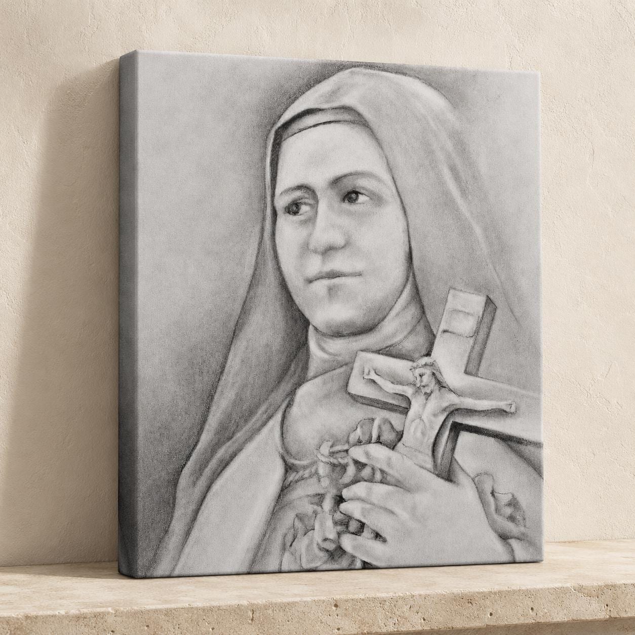 Saint Thérèse of Lisieux canvas print, the Little Flower holding a rose-wrapped crucifix, sacred art by Brian Kelliher — Catholic gift from Glory Be Gifts