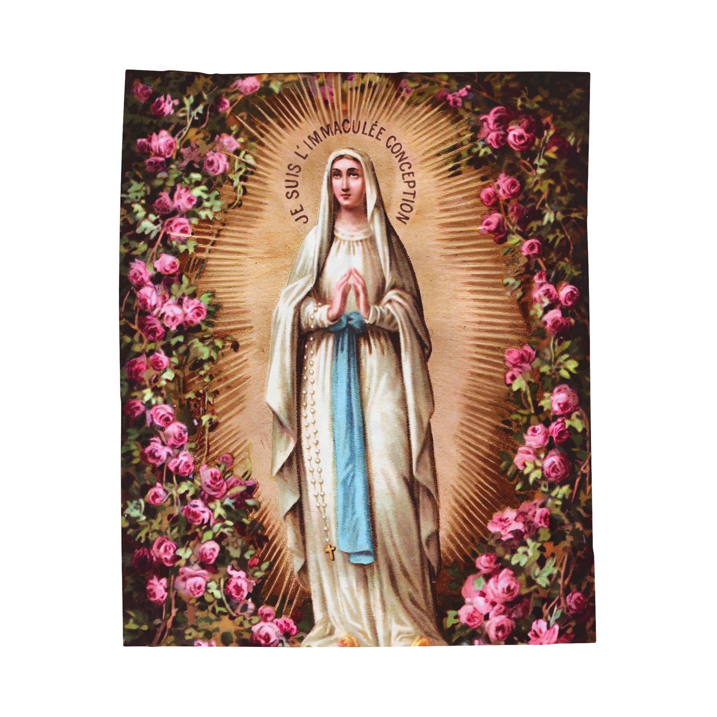 Our Lady of the Immaculate Conception Catholic Plus Blanket, Floral Image of Mary on a Fuzzy Blanket, Marian Devotion Gift for Mothers Day