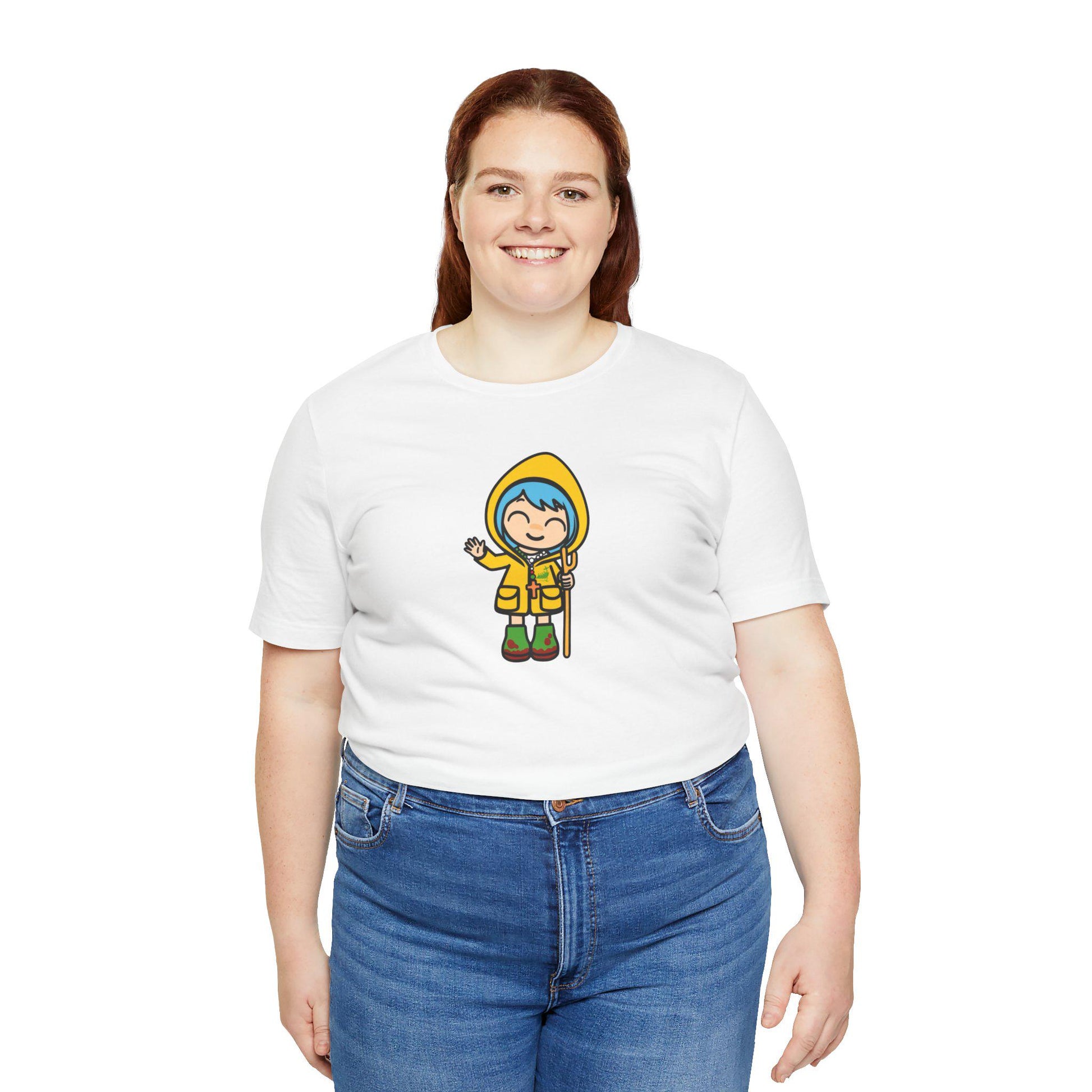 Luce waving Catholic Jubilee mascot unisex tee shirt design — Catholic gift from Glory Be Gifts – view 9