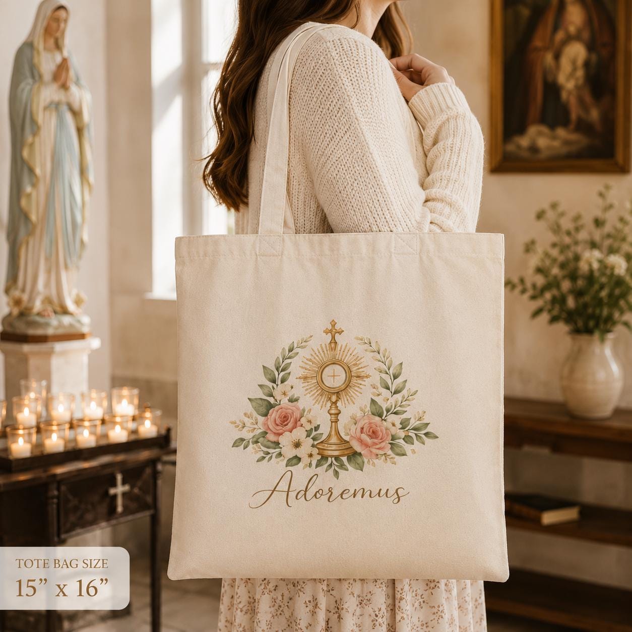 Adoremus Eucharistic Adoration Tote Bag, Catholic Canvas Tote