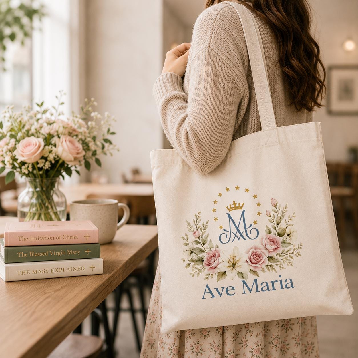 Ave Maria canvas tote bag with watercolor Marian monogram design — Catholic gift from Glory Be Gifts – view 5