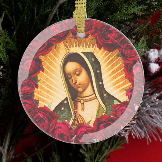 Marian Floral Lady of Guadalupe Catholic Glass Christmas Ornament, Mary Queen of Heaven Christmas Tree Trimming