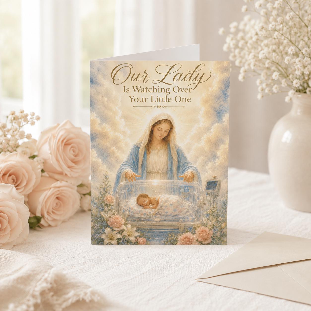 Personalized NICU prayer card, Our Lady watching over baby in incubator — Catholic gift from Glory Be Gifts – view 8