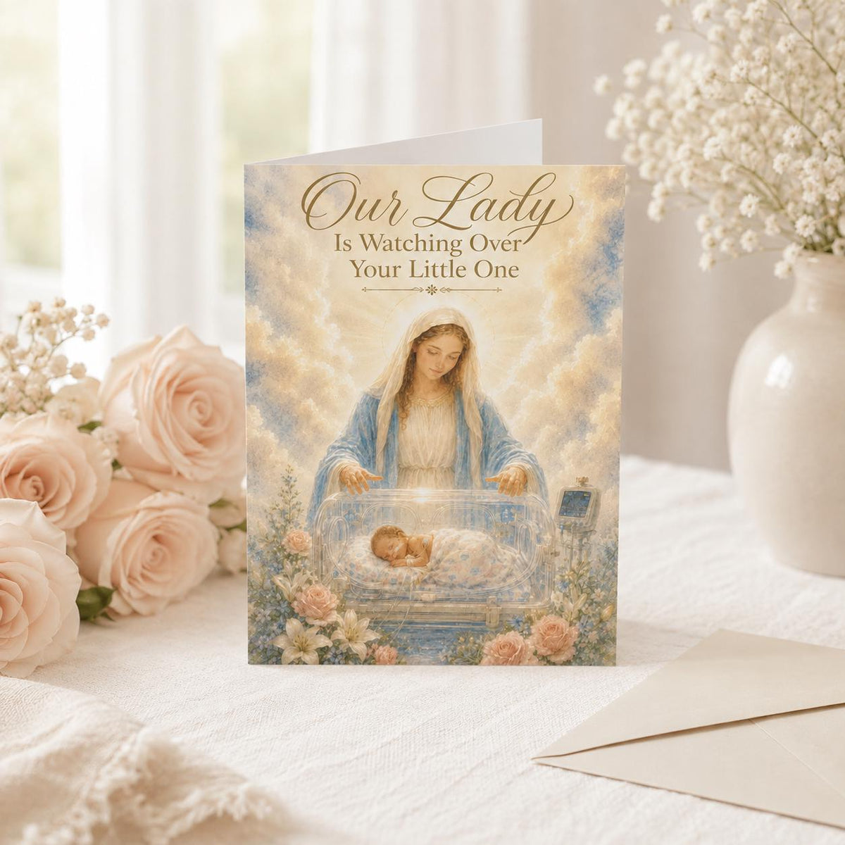 Personalized NICU prayer card, Our Lady watching over baby in incubator — Catholic gift from Glory Be Gifts – view 8