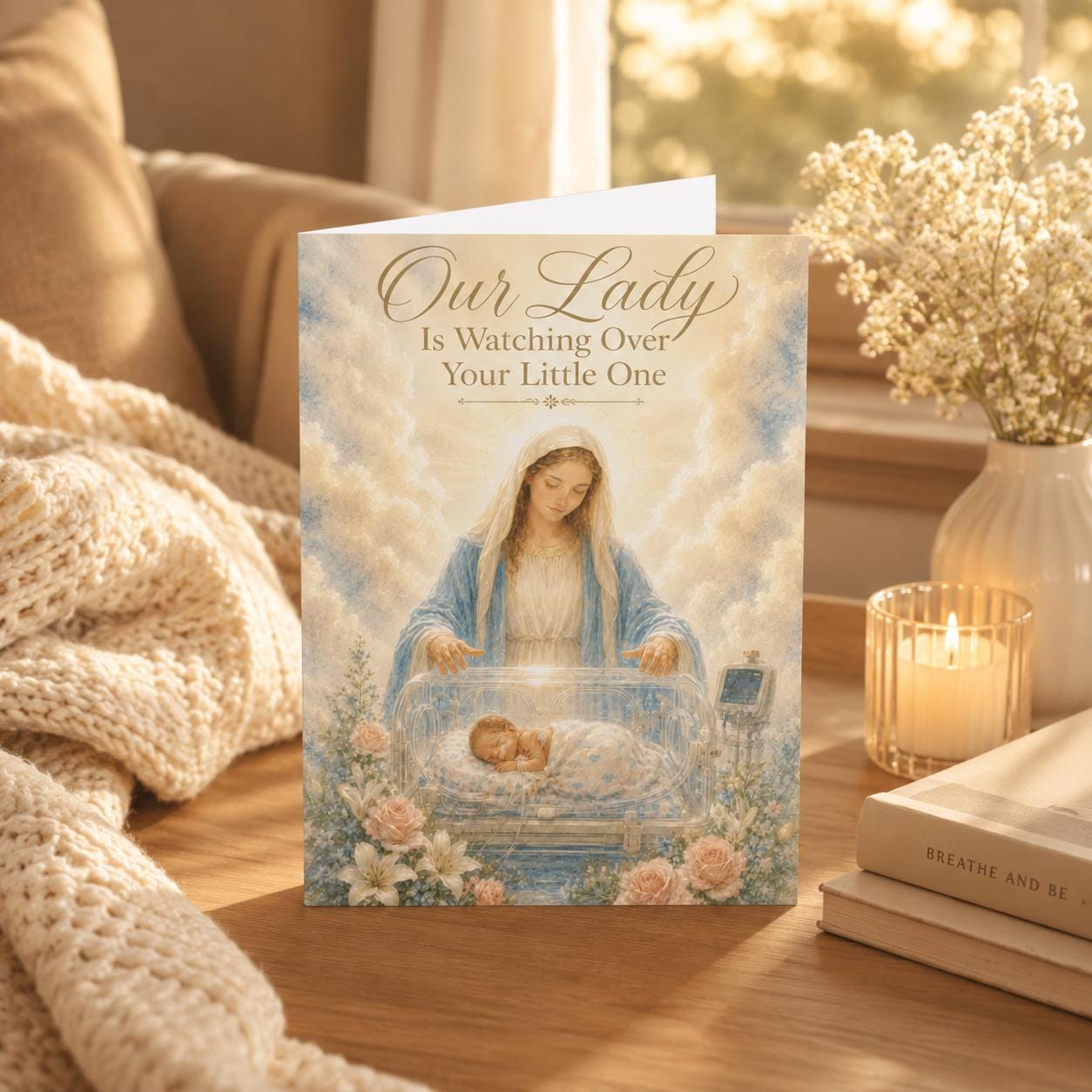 Personalized NICU prayer card, Our Lady watching over baby in incubator — Catholic gift from Glory Be Gifts – view 10