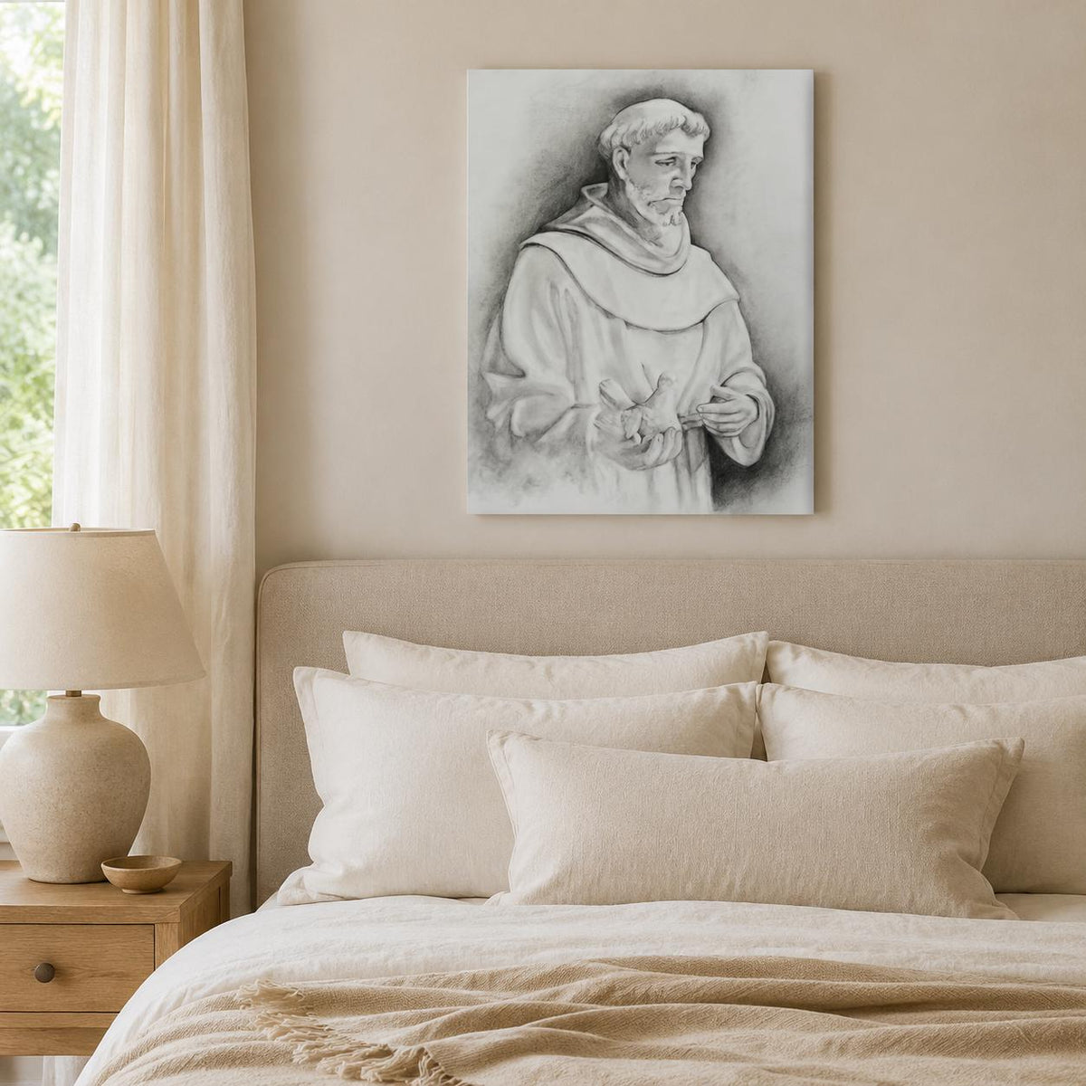Saint Francis of Assisi canvas print, Franciscan habit with dove sacred art sketch — Catholic gift from Glory Be Gifts – view 5