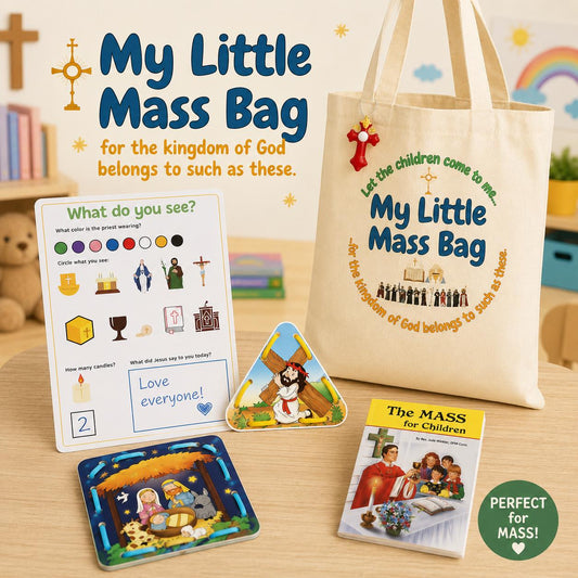 Catholic Mass bag for toddlers with board book, dry-erase board, and fidget toy — Catholic gift from Glory Be Gifts
