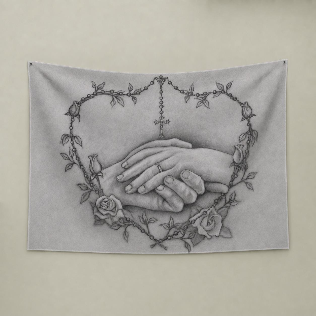 Personalized Wedding Tapestry – Catholic Rosary Heart Wall Art