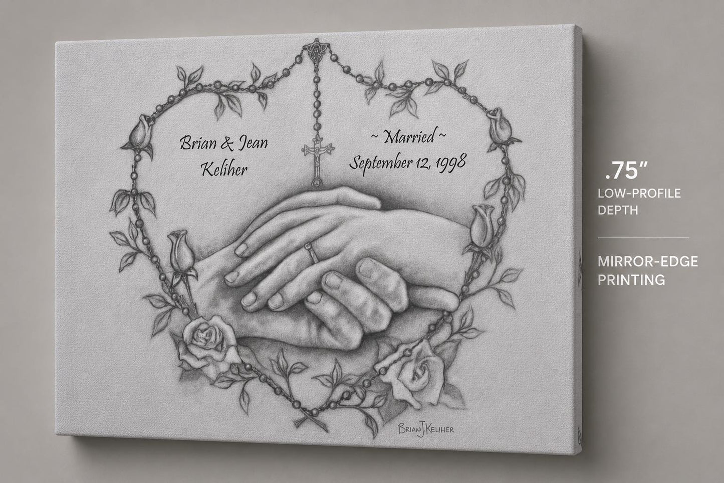 Personalized wedding canvas print, rosary heart and praying hands sacred art — Catholic gift from Glory Be Gifts – view 8