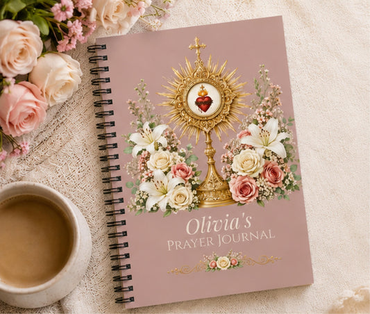 Personalized Prayer Journal, Custom Name Catholic Notebook, Sacred Heart Eucharist Spiral Journal, Catholic Gift for Her, Confirmation Gift