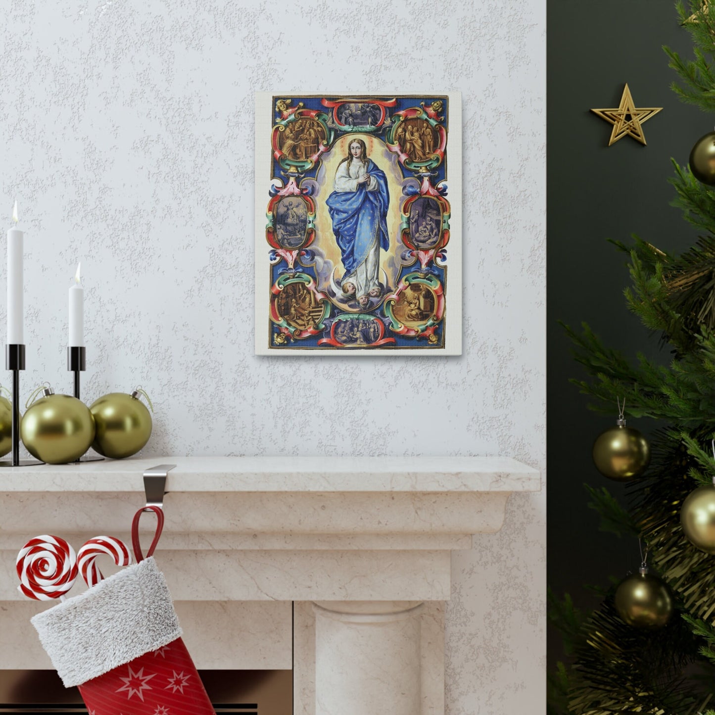 The Virgin of the Immaculate Conception Canvas, Annunciation Presentation and Visitation, Catholic Cartouch Mary Christmas Gift for wife