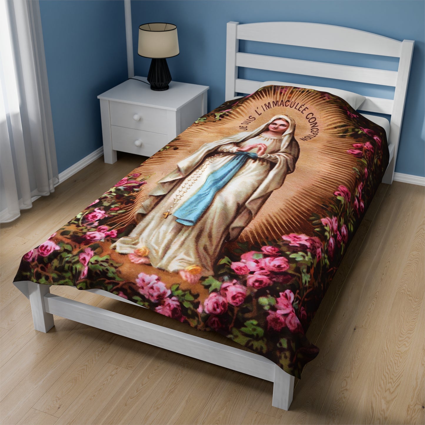 Our Lady of the Immaculate Conception Catholic Plus Blanket, Floral Image of Mary on a Fuzzy Blanket, Marian Devotion Gift for Mothers Day