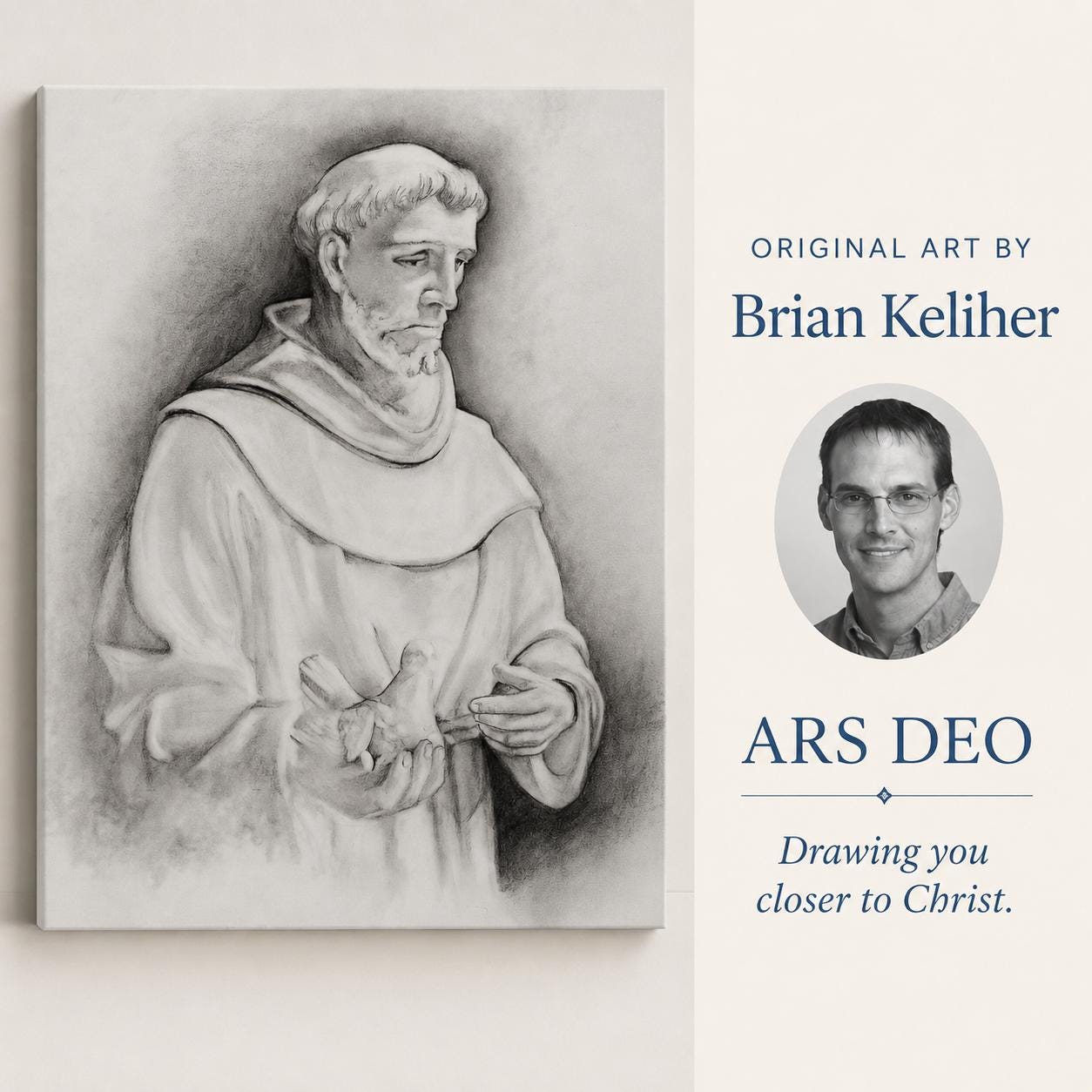 Saint Francis of Assisi canvas print, Franciscan habit with dove sacred art sketch — Catholic gift from Glory Be Gifts – view 4